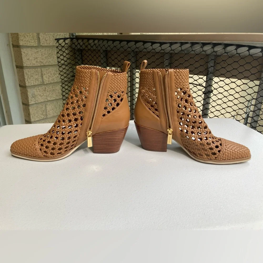 Michael Kors Augustine Tan Brown Woven Leather Ankle Bootie Western Style Boot